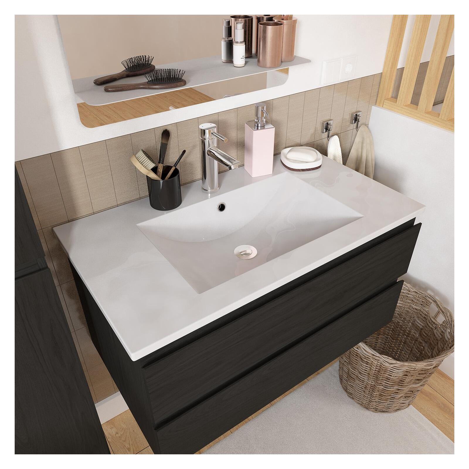 Ensemble meuble simple vasque 80cm décor chêne + vasque + robinet + miroir + colonne