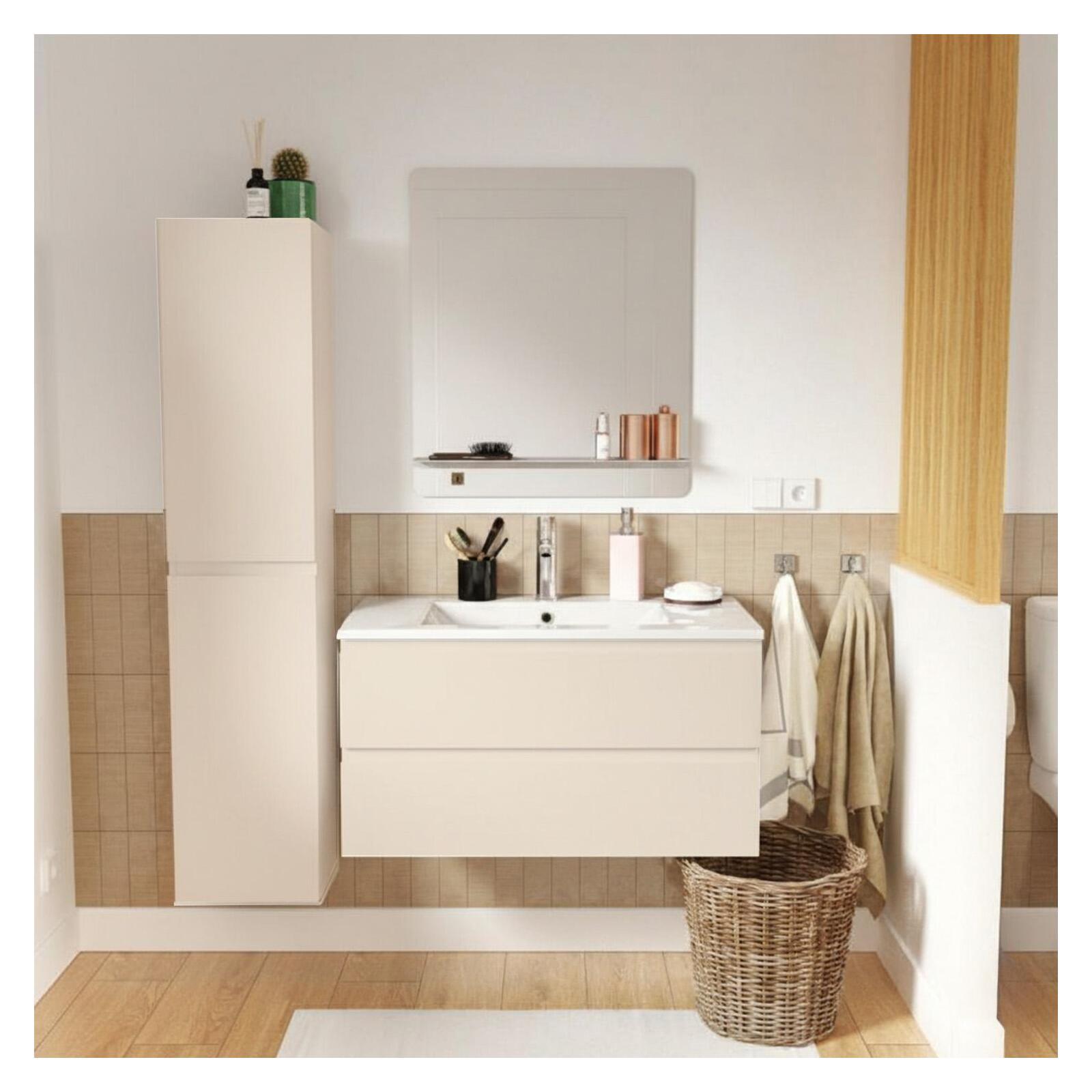 Ensemble meuble simple vasque 80cm décor chêne + vasque + robinet + miroir + colonne