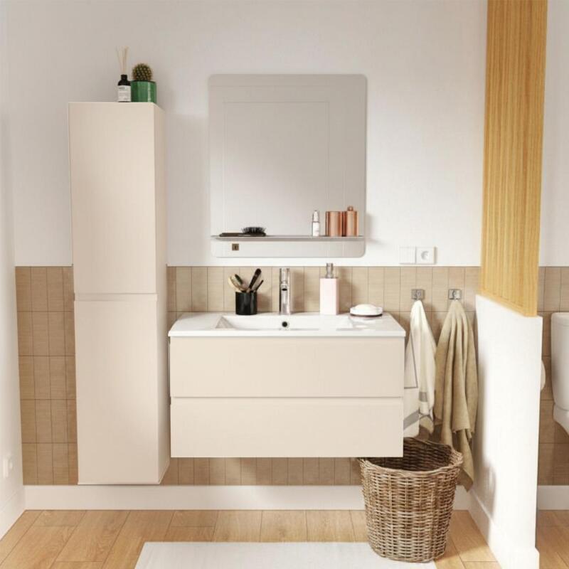 Ensemble meuble simple vasque 80cm décor chêne + vasque + robinet + miroir + colonne