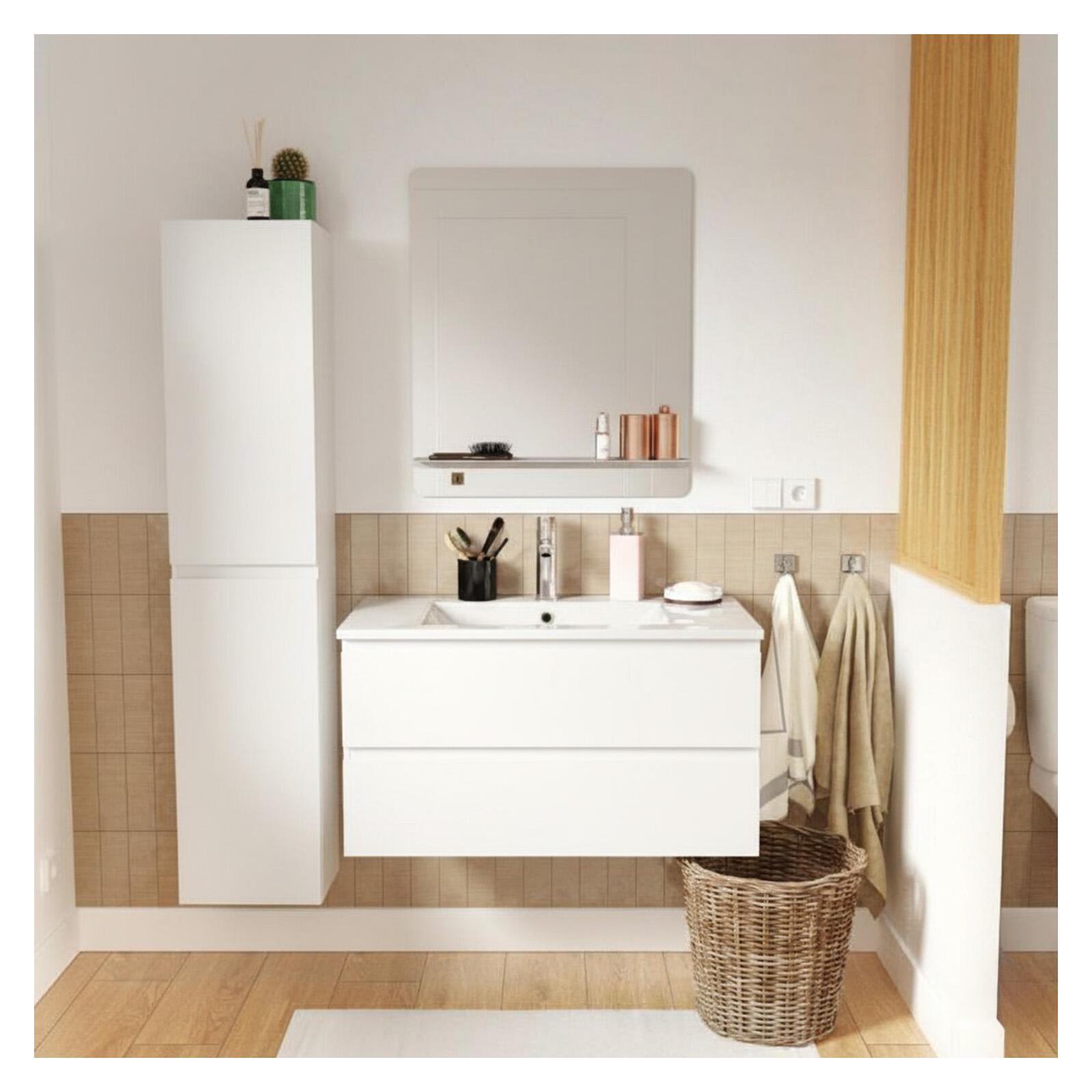 Ensemble meuble simple vasque 80cm décor chêne + vasque + robinet + miroir + colonne