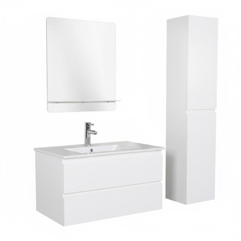 Ensemble meuble simple vasque 80cm décor chêne + vasque + robinet + miroir + colonne