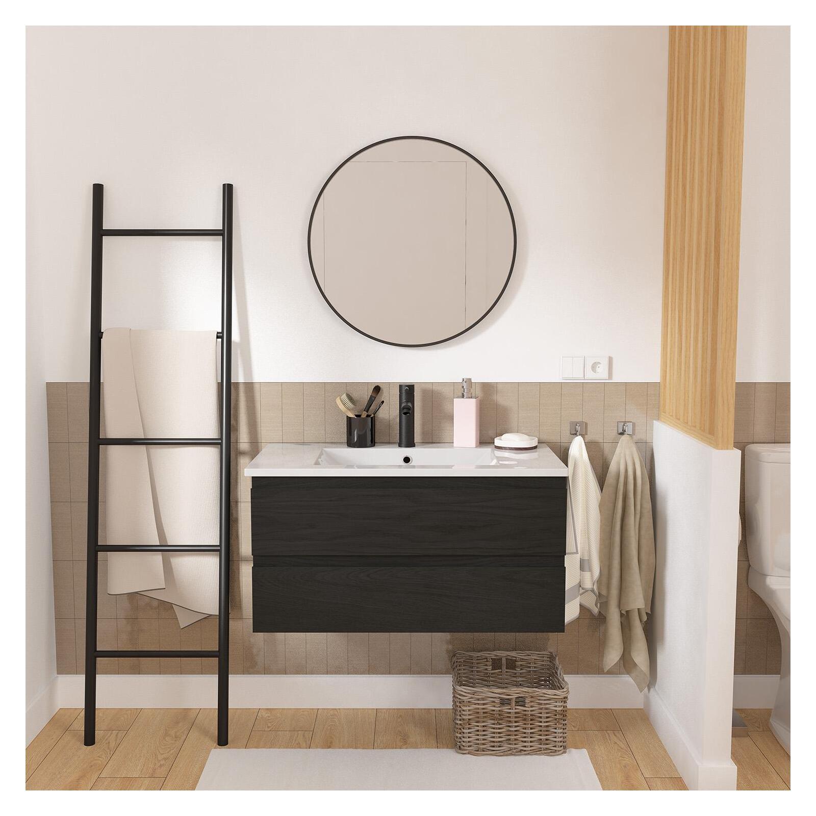 Ensemble meuble simple vasque décor chêne  80cm + vasque + miroir + robinet