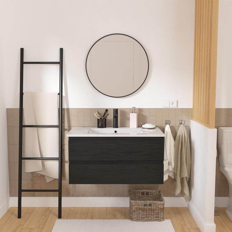 Ensemble meuble simple vasque décor chêne  80cm + vasque + miroir + robinet