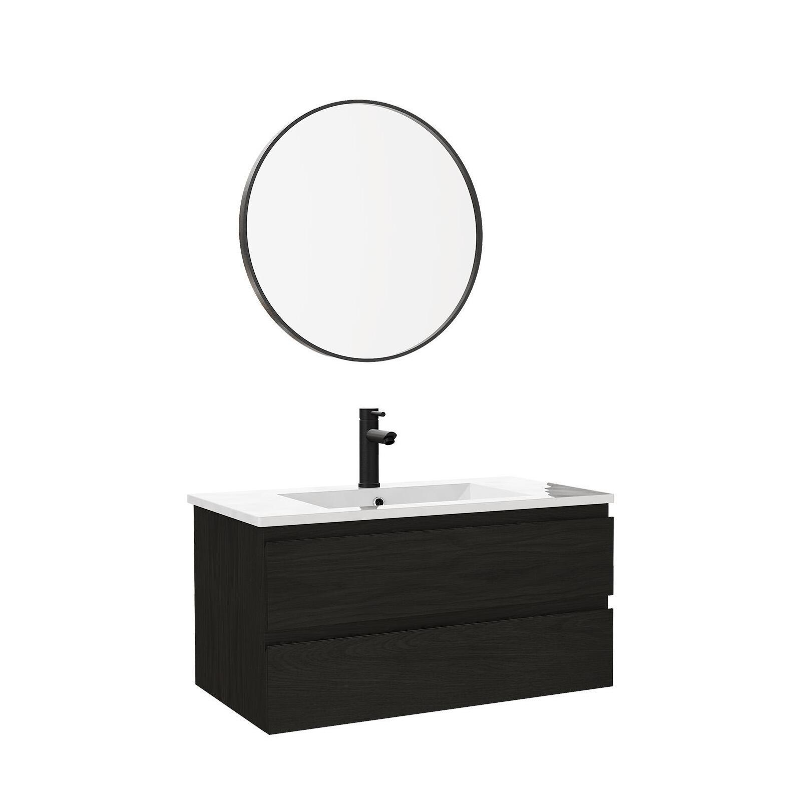 Ensemble meuble simple vasque décor chêne  80cm + vasque + miroir + robinet
