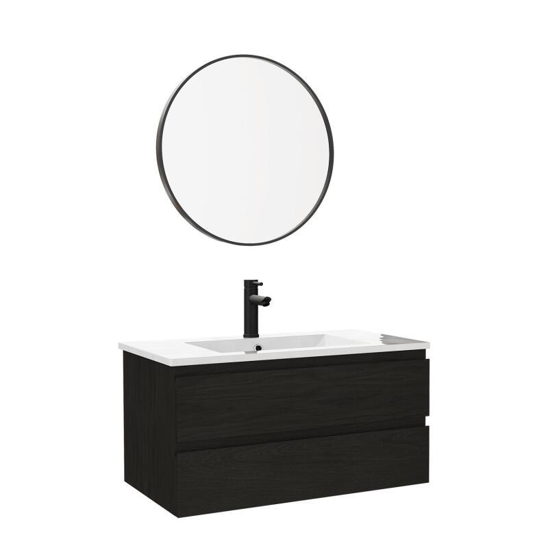 Ensemble meuble simple vasque décor chêne  80cm + vasque + miroir + robinet