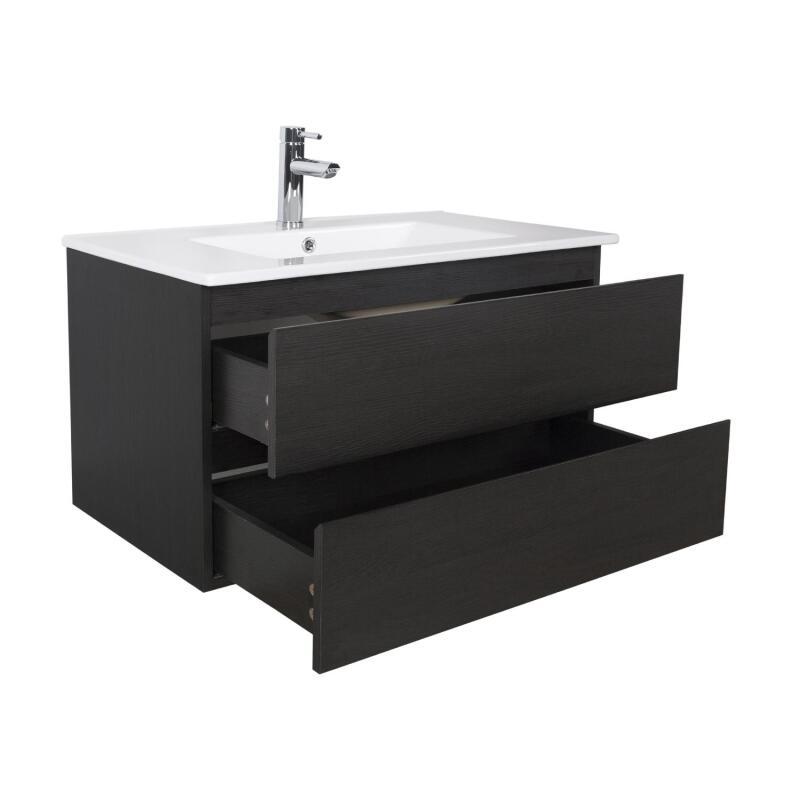 Ensemble meuble simple vasque décor chêne  80cm + vasque + miroir + robinet