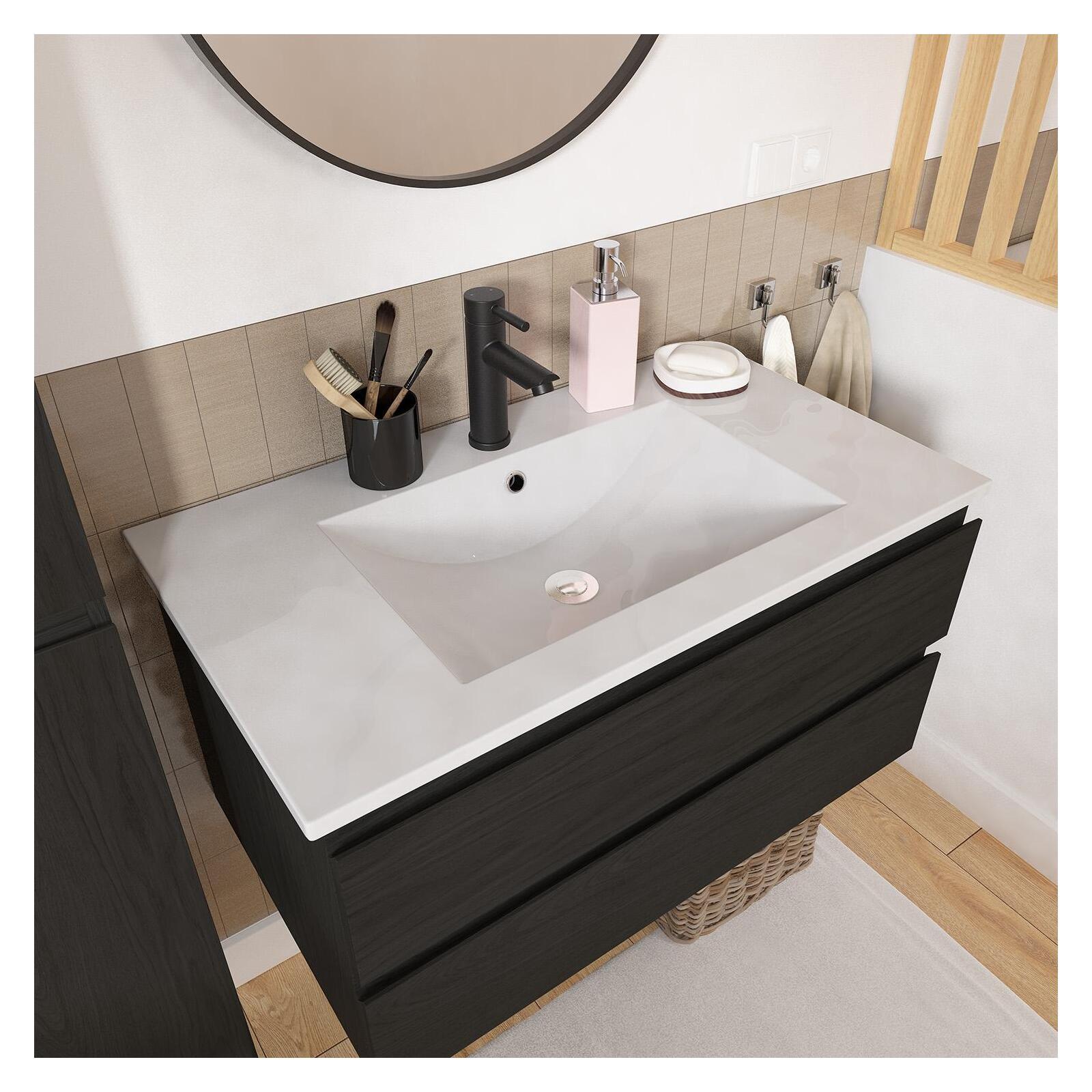 Ensemble meuble simple vasque décor chêne  80cm + vasque + miroir + robinet