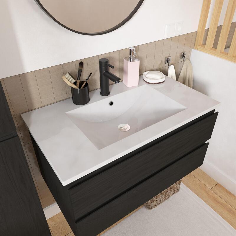Ensemble meuble simple vasque décor chêne  80cm + vasque + miroir + robinet