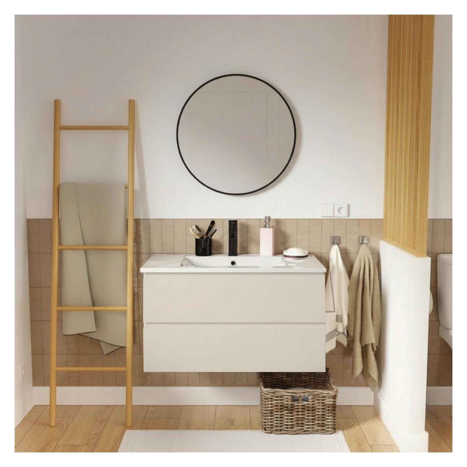 Ensemble meuble simple vasque décor chêne  80cm + vasque + miroir + robinet