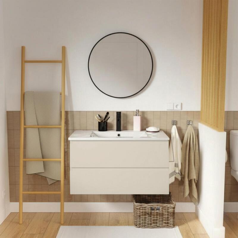 Ensemble meuble simple vasque décor chêne  80cm + vasque + miroir + robinet
