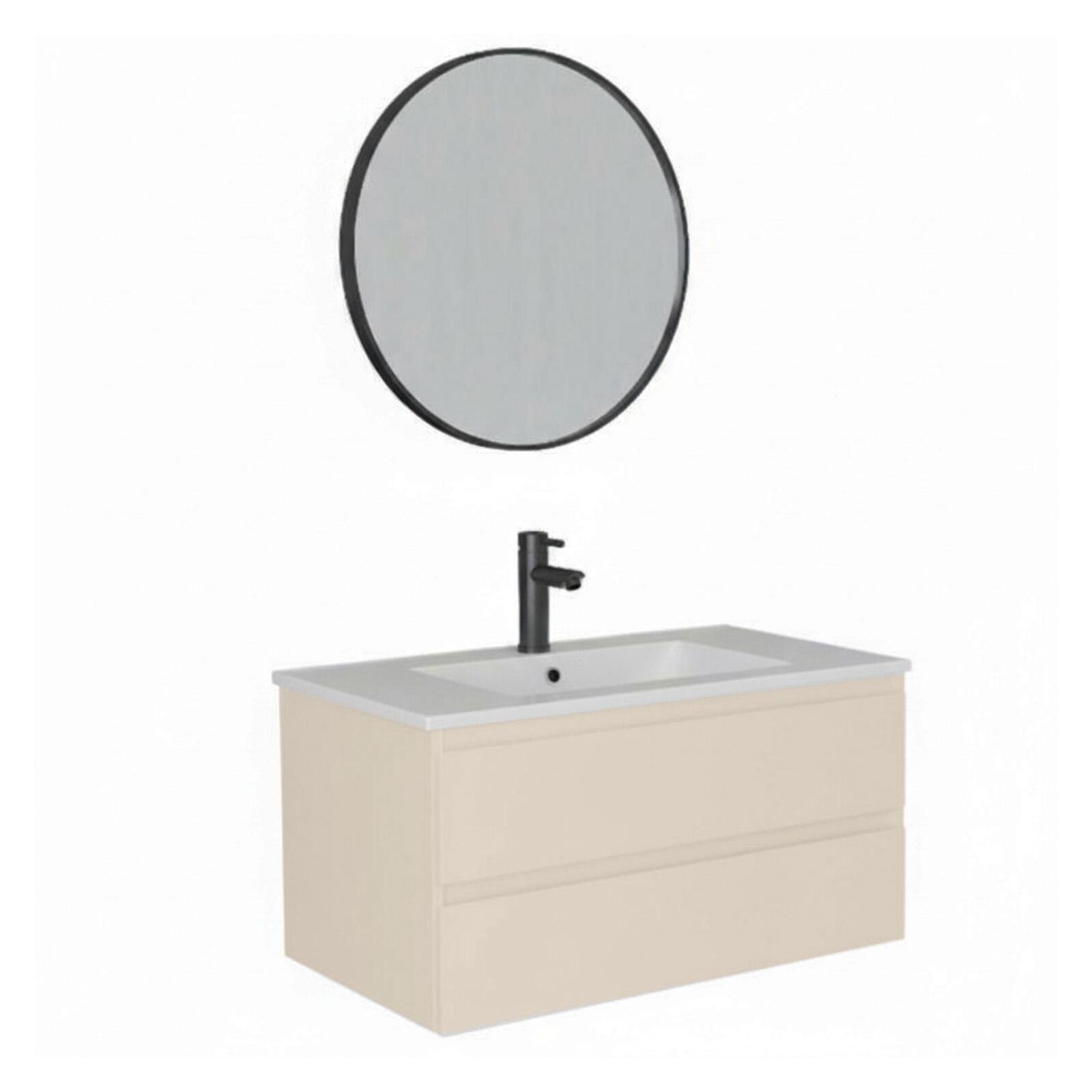 Ensemble meuble simple vasque décor chêne  80cm + vasque + miroir + robinet