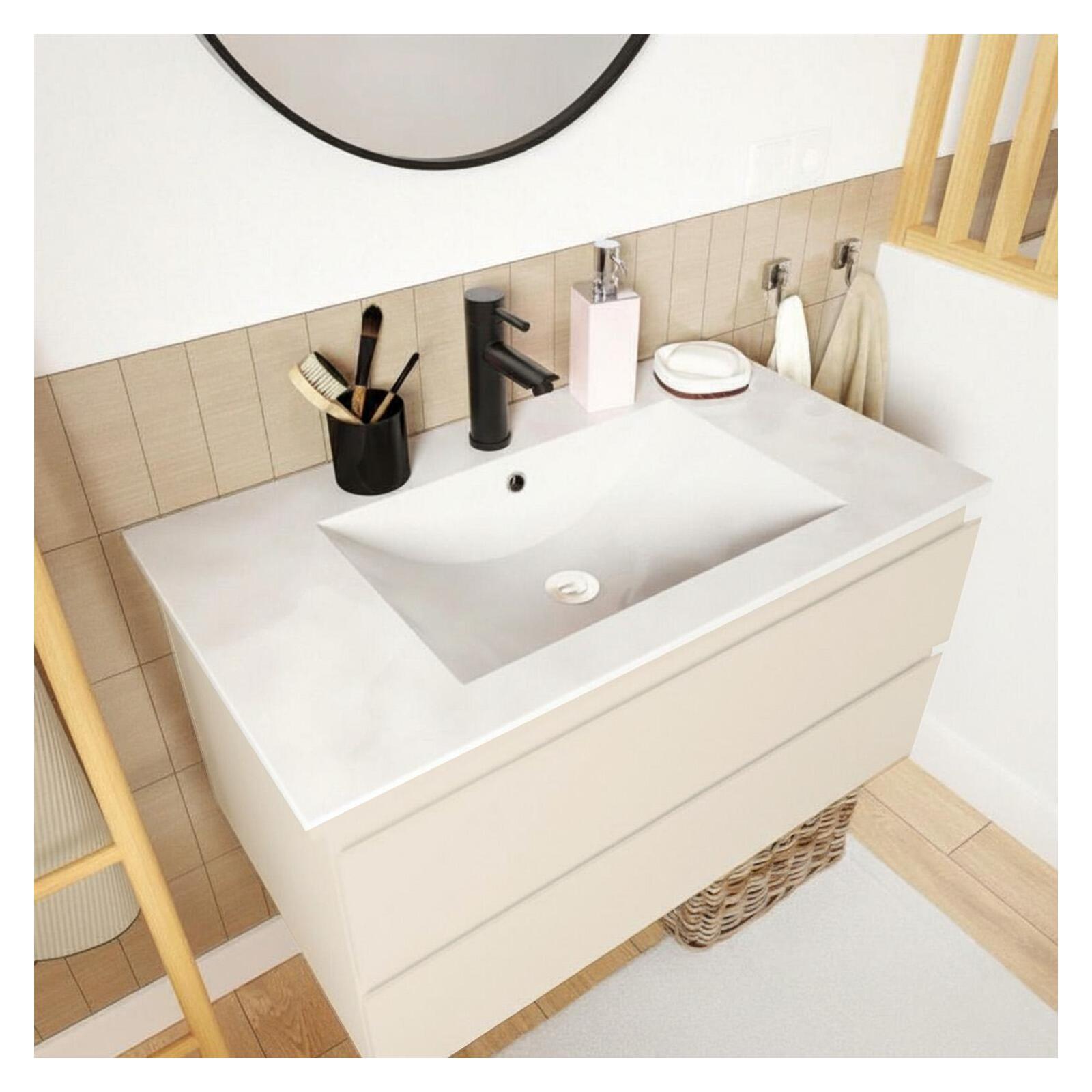 Ensemble meuble simple vasque décor chêne  80cm + vasque + miroir + robinet