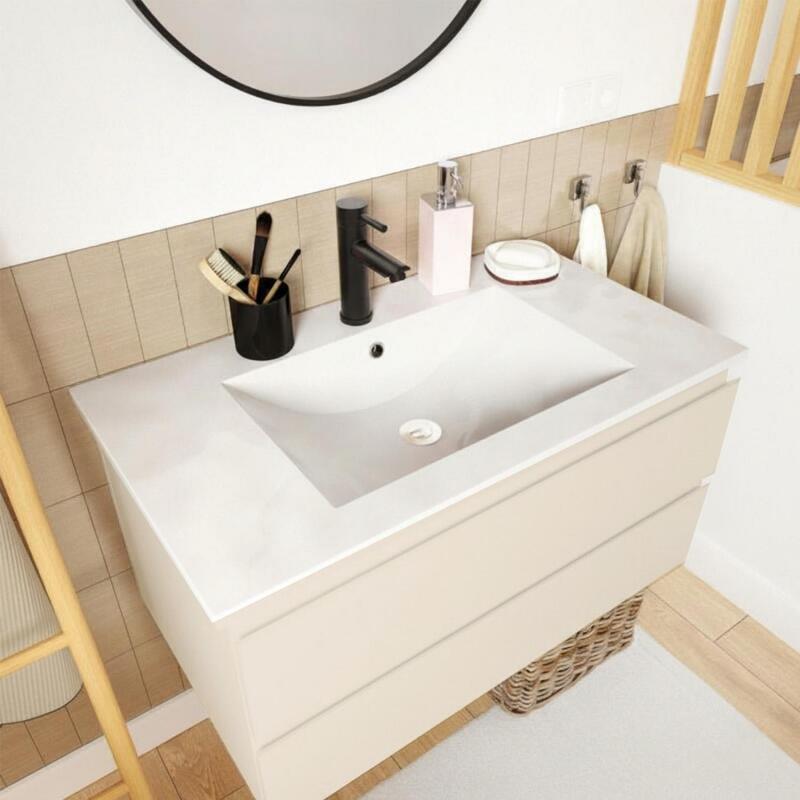 Ensemble meuble simple vasque décor chêne  80cm + vasque + miroir + robinet