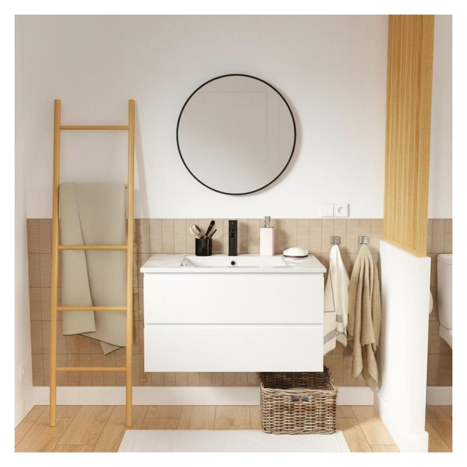 Ensemble meuble simple vasque décor chêne  80cm + vasque + miroir + robinet