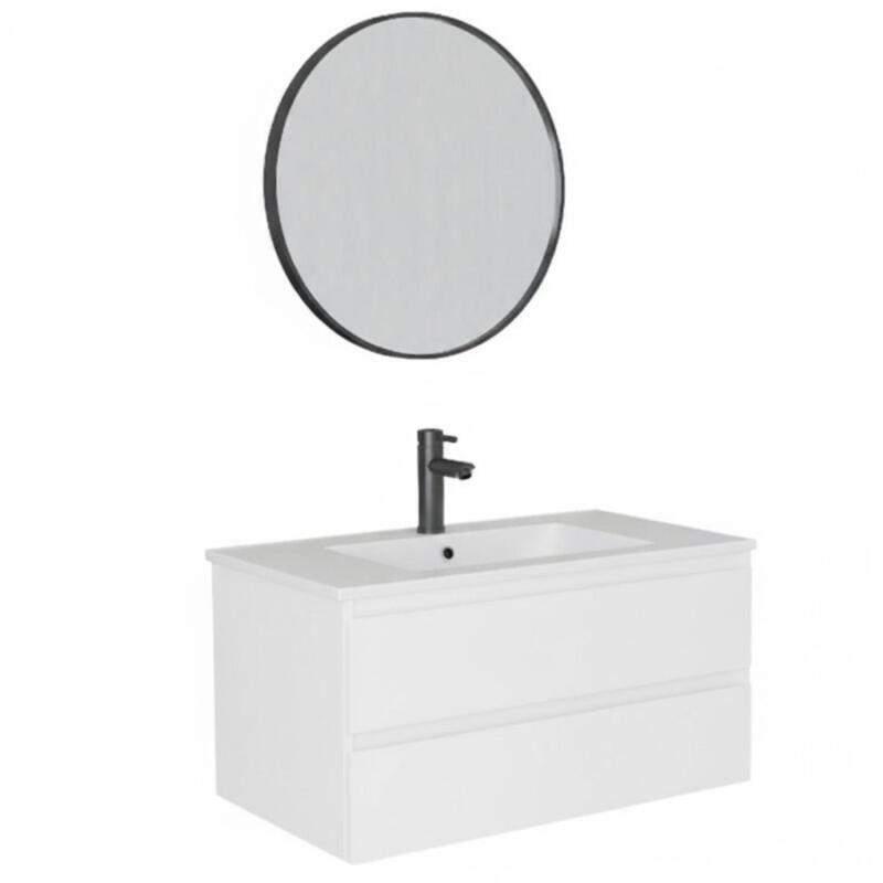 Ensemble meuble simple vasque décor chêne  80cm + vasque + miroir + robinet