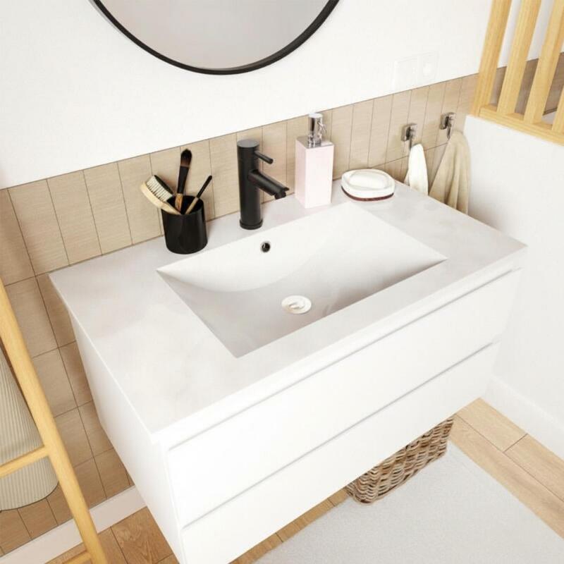 Ensemble meuble simple vasque décor chêne  80cm + vasque + miroir + robinet