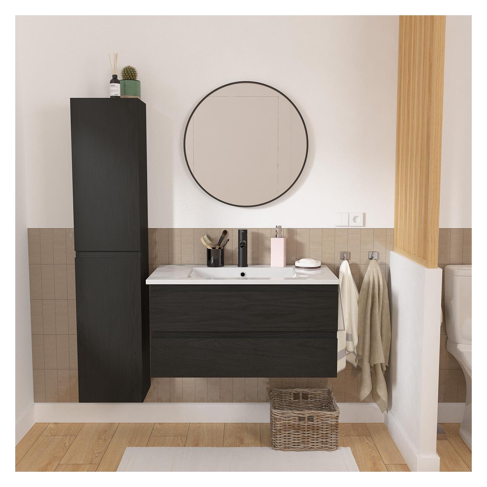Ensemble meuble simple vasque décor chêne  80cm + vasque + robinet + miroir + colonne
