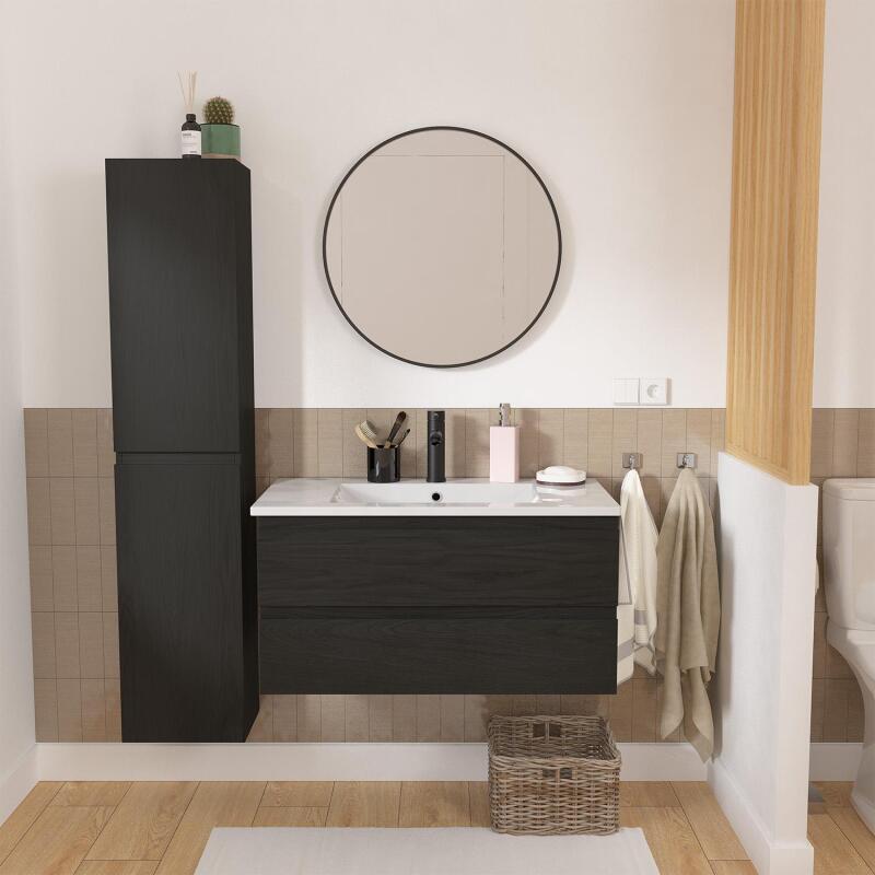 Ensemble meuble simple vasque décor chêne  80cm + vasque + robinet + miroir + colonne