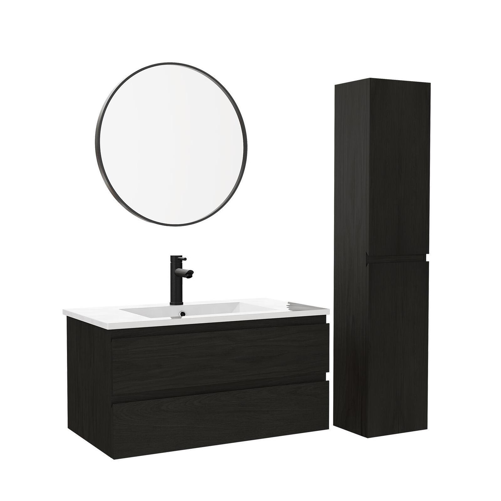 Ensemble meuble simple vasque décor chêne  80cm + vasque + robinet + miroir + colonne
