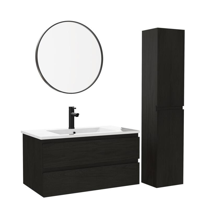 Ensemble meuble simple vasque décor chêne  80cm + vasque + robinet + miroir + colonne