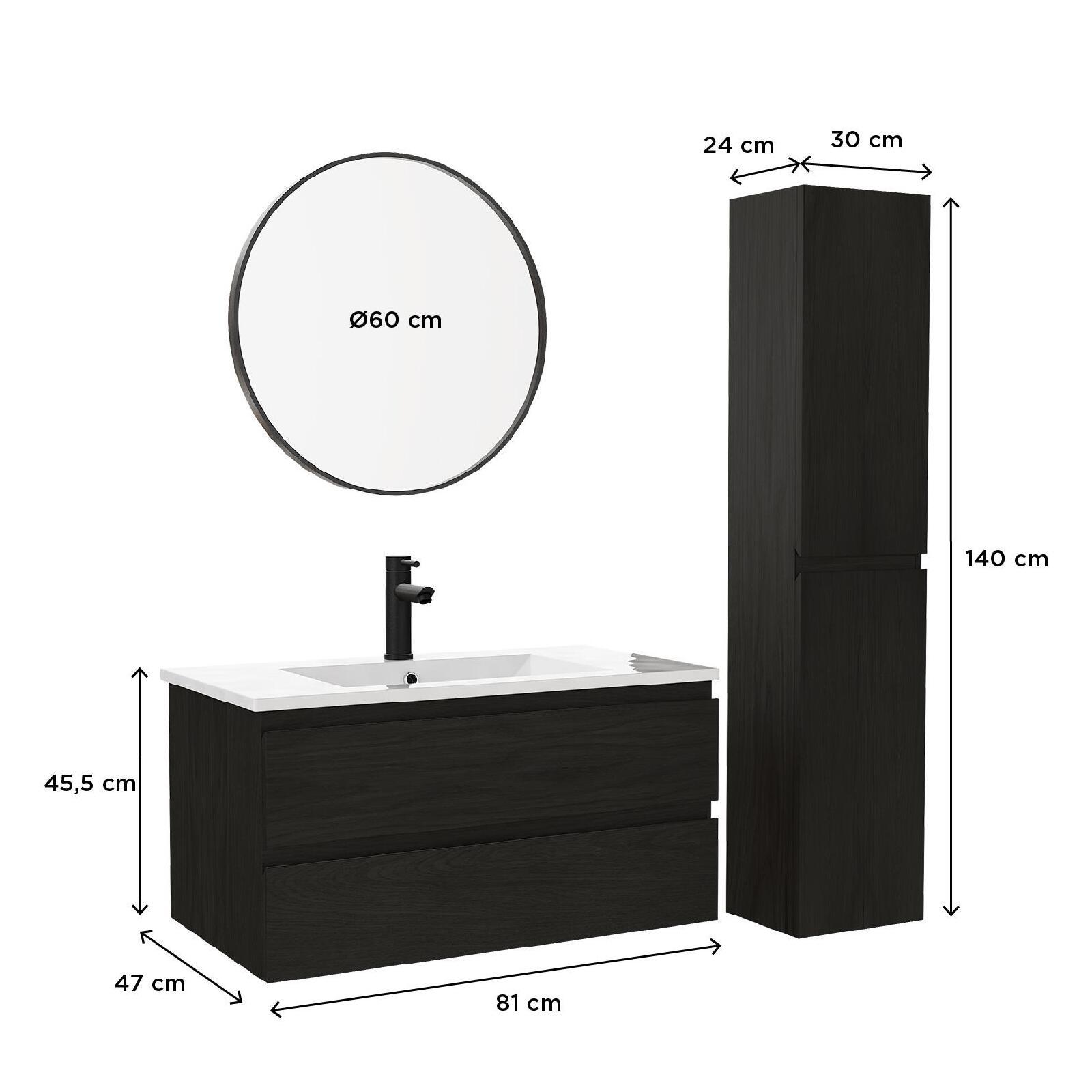 Ensemble meuble simple vasque décor chêne  80cm + vasque + robinet + miroir + colonne