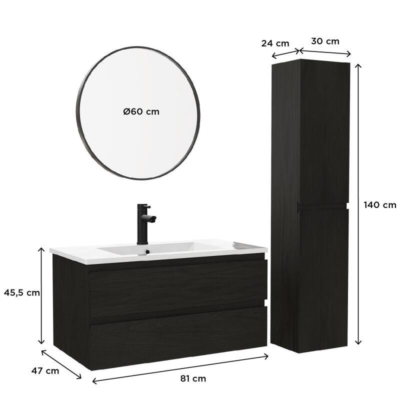 Ensemble meuble simple vasque décor chêne  80cm + vasque + robinet + miroir + colonne