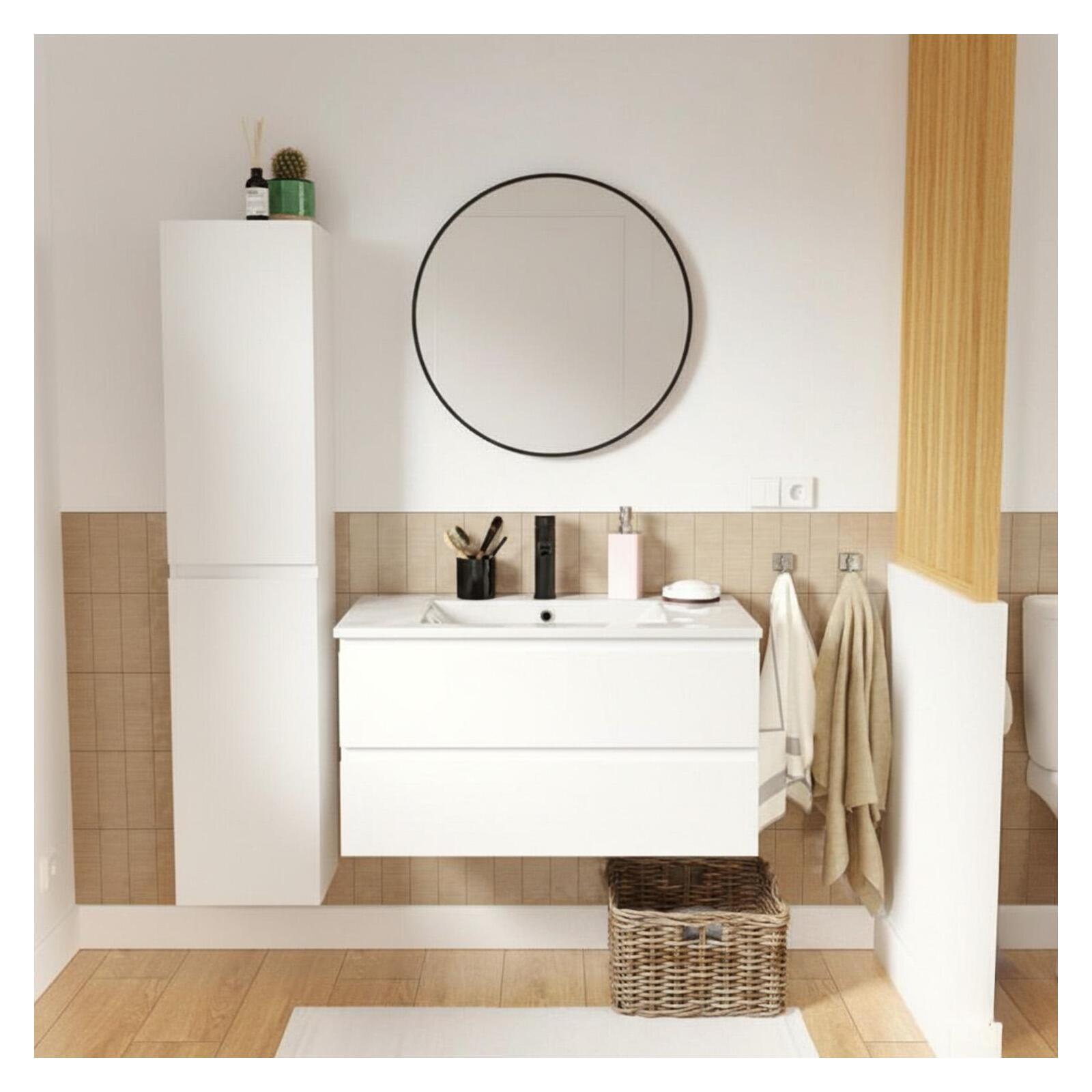 Ensemble meuble simple vasque décor chêne  80cm + vasque + robinet + miroir + colonne