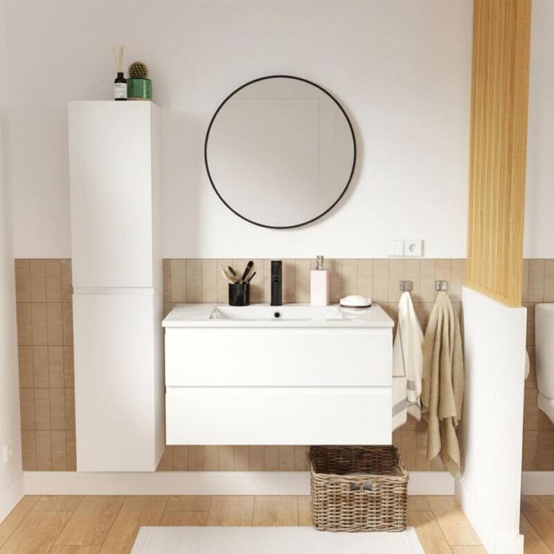 Ensemble meuble simple vasque décor chêne  80cm + vasque + robinet + miroir + colonne