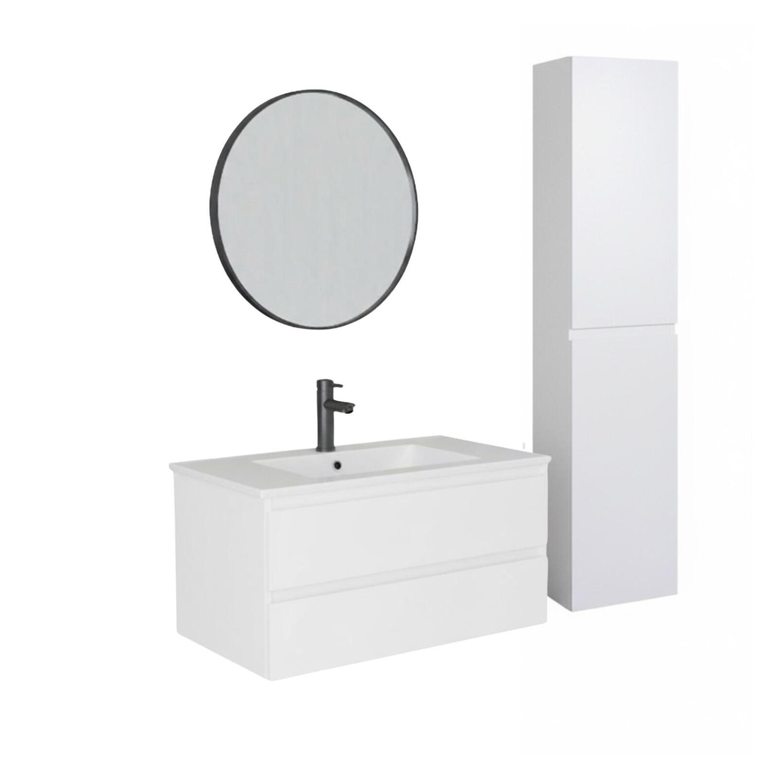 Ensemble meuble simple vasque décor chêne  80cm + vasque + robinet + miroir + colonne