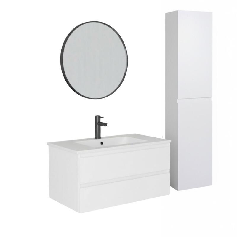 Ensemble meuble simple vasque décor chêne  80cm + vasque + robinet + miroir + colonne