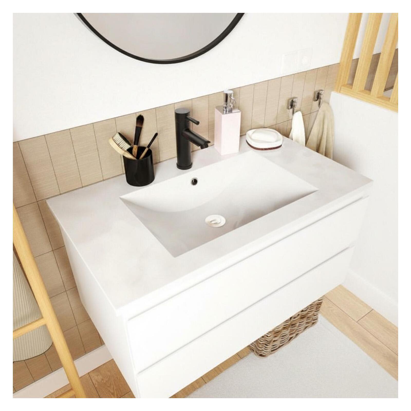 Ensemble meuble simple vasque décor chêne  80cm + vasque + robinet + miroir + colonne