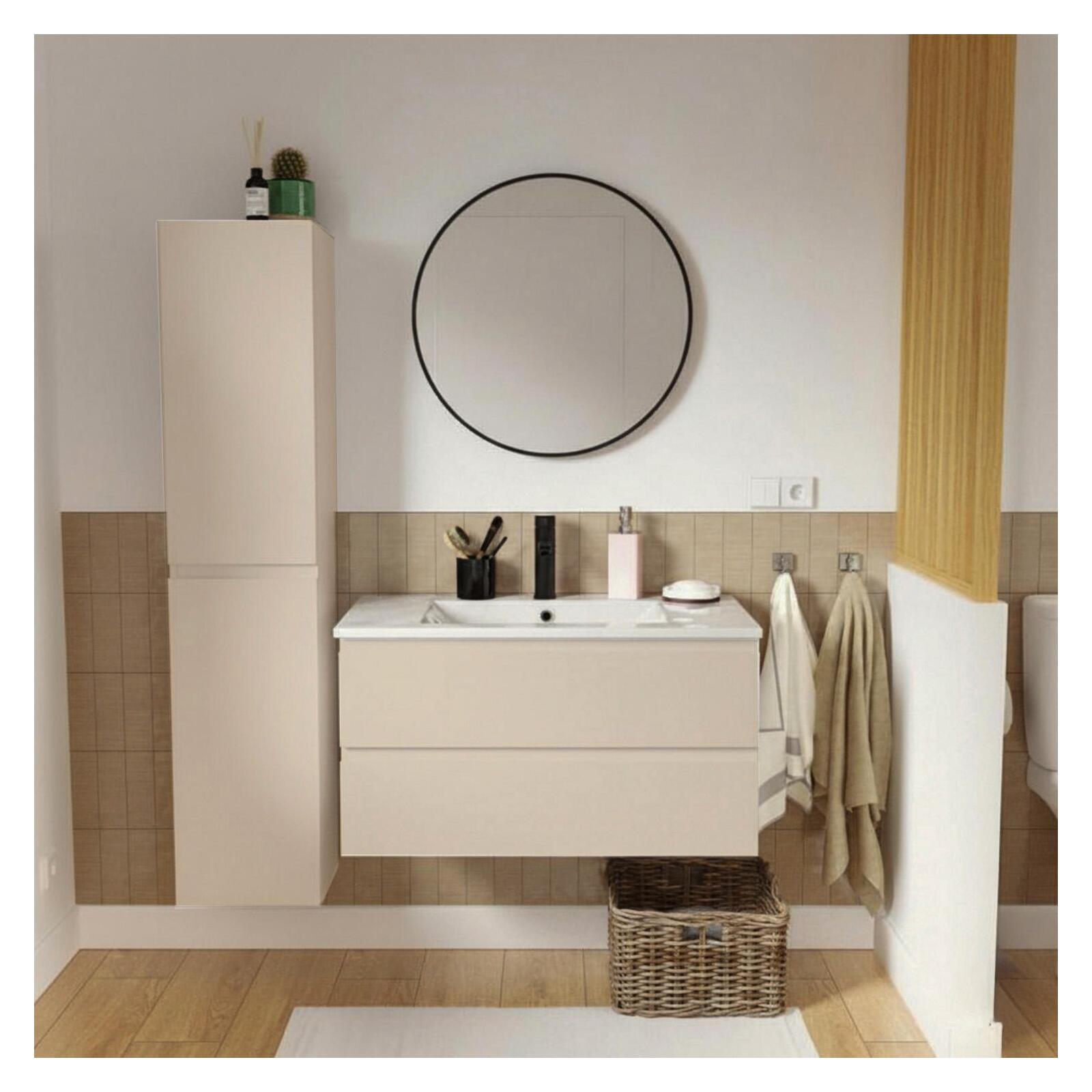 Ensemble meuble simple vasque décor chêne  80cm + vasque + robinet + miroir + colonne