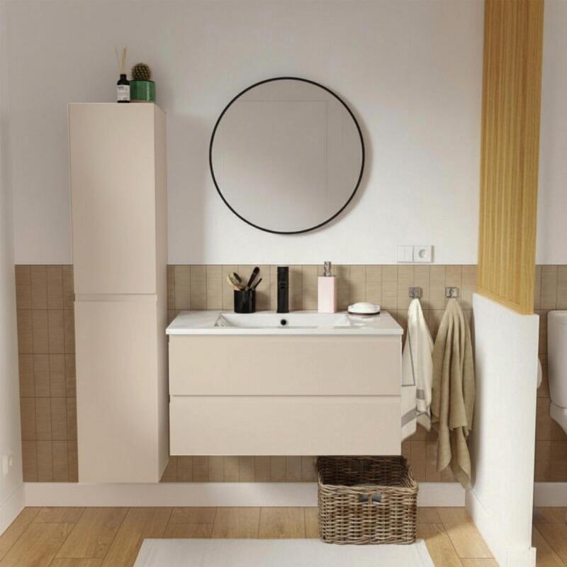 Ensemble meuble simple vasque décor chêne  80cm + vasque + robinet + miroir + colonne