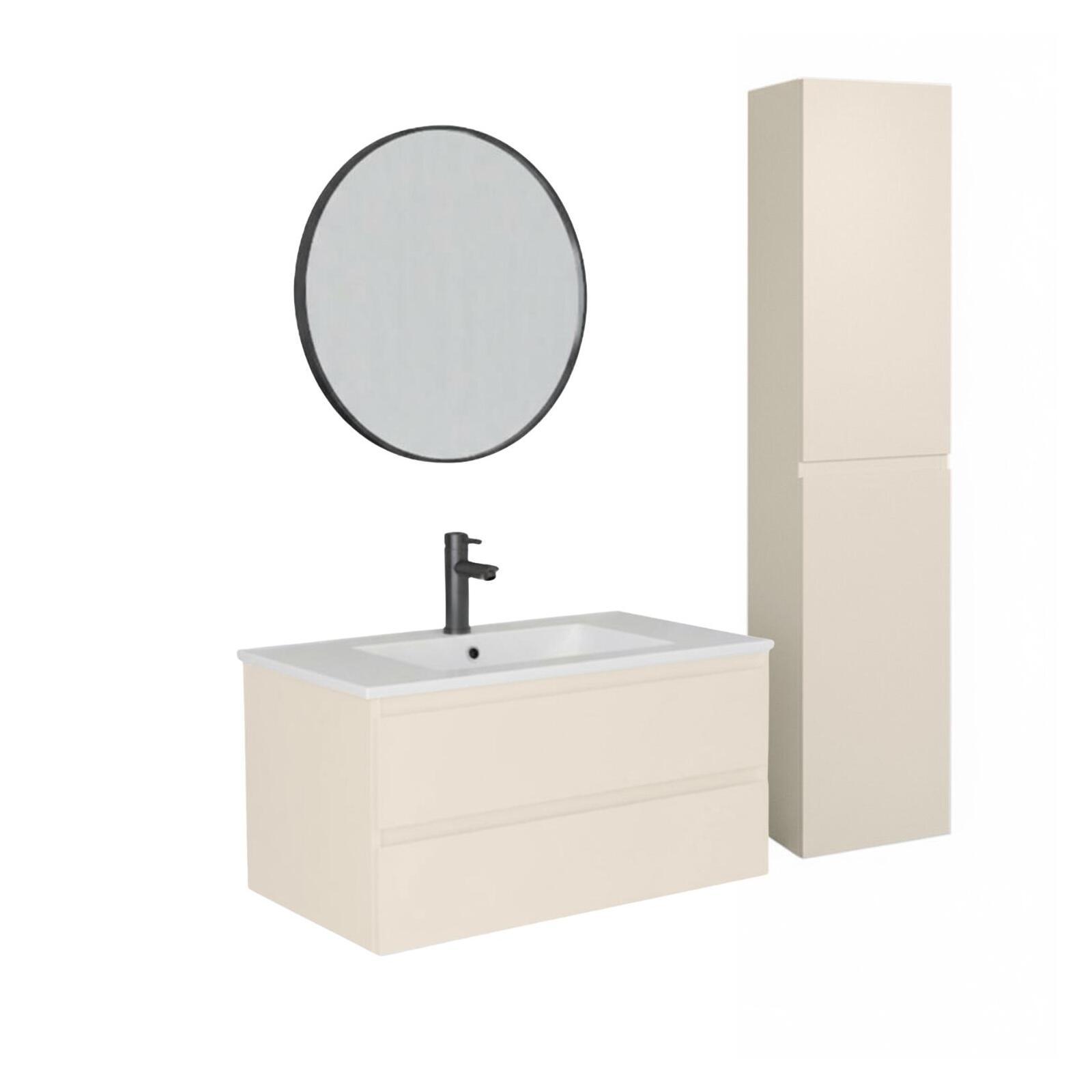 Ensemble meuble simple vasque décor chêne  80cm + vasque + robinet + miroir + colonne