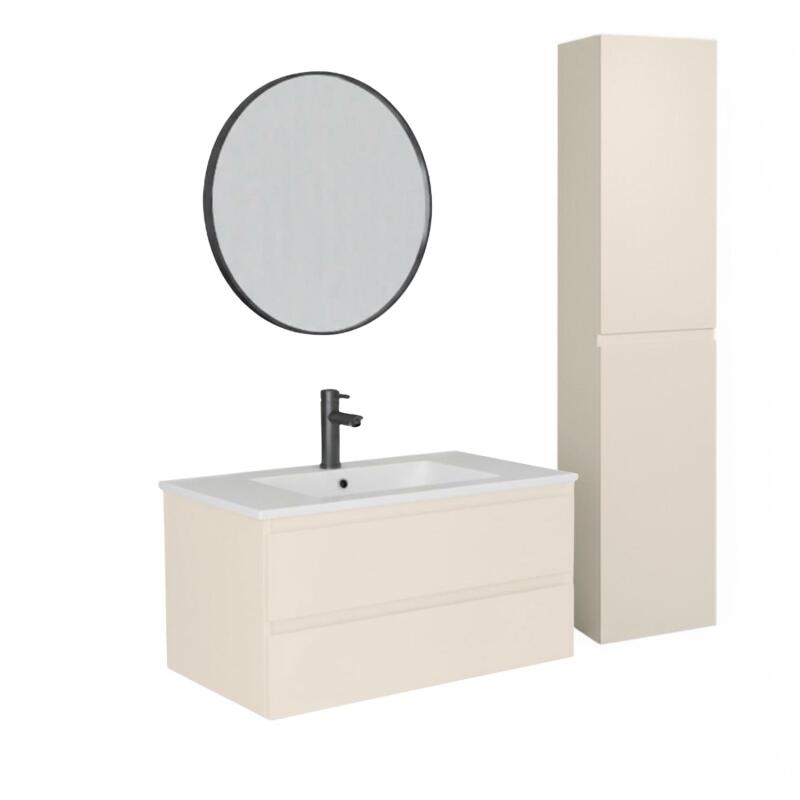 Ensemble meuble simple vasque décor chêne  80cm + vasque + robinet + miroir + colonne