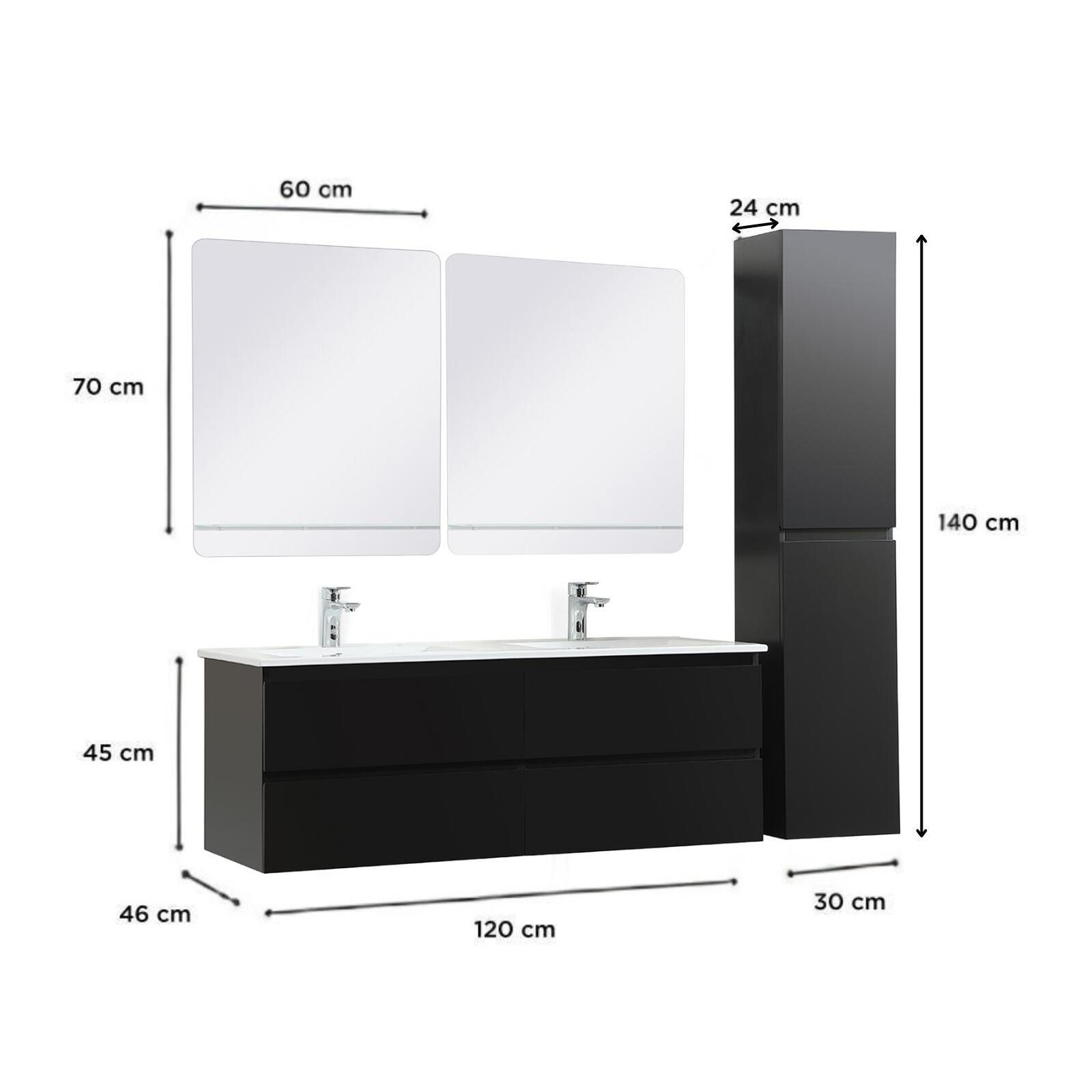 Ensemble meuble double vasque blanc  120cm + vasque + 2 miroirs + 2 robinets chromés + colonne