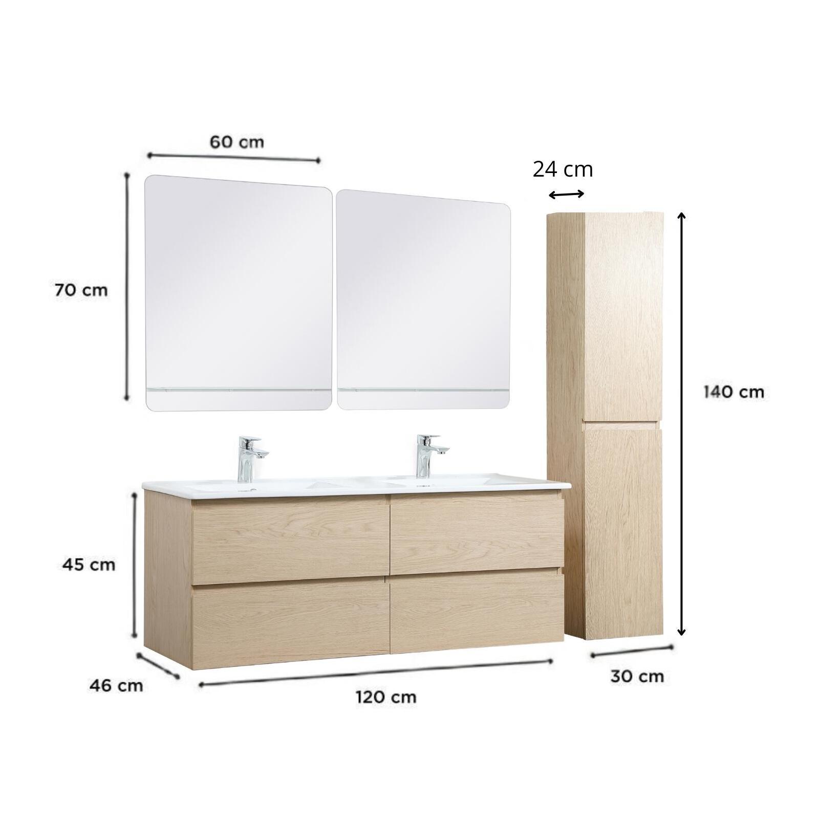 Ensemble meuble double vasque blanc  120cm + vasque + 2 miroirs + 2 robinets chromés + colonne