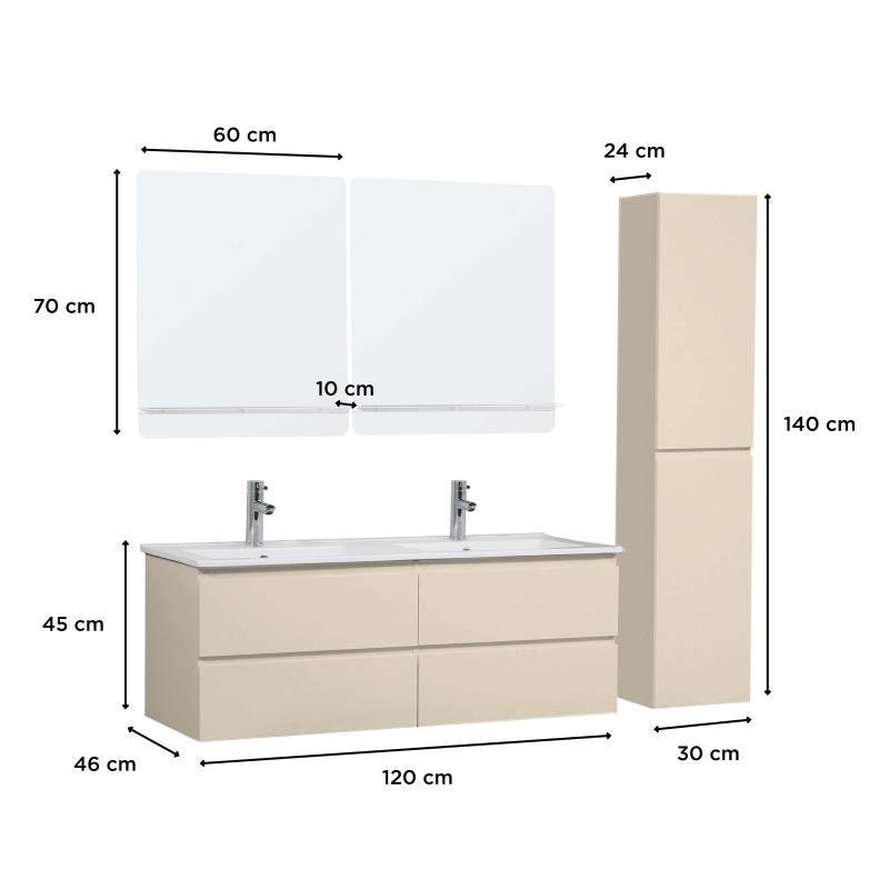 Ensemble meuble double vasque blanc  120cm + vasque + 2 miroirs + 2 robinets chromés + colonne