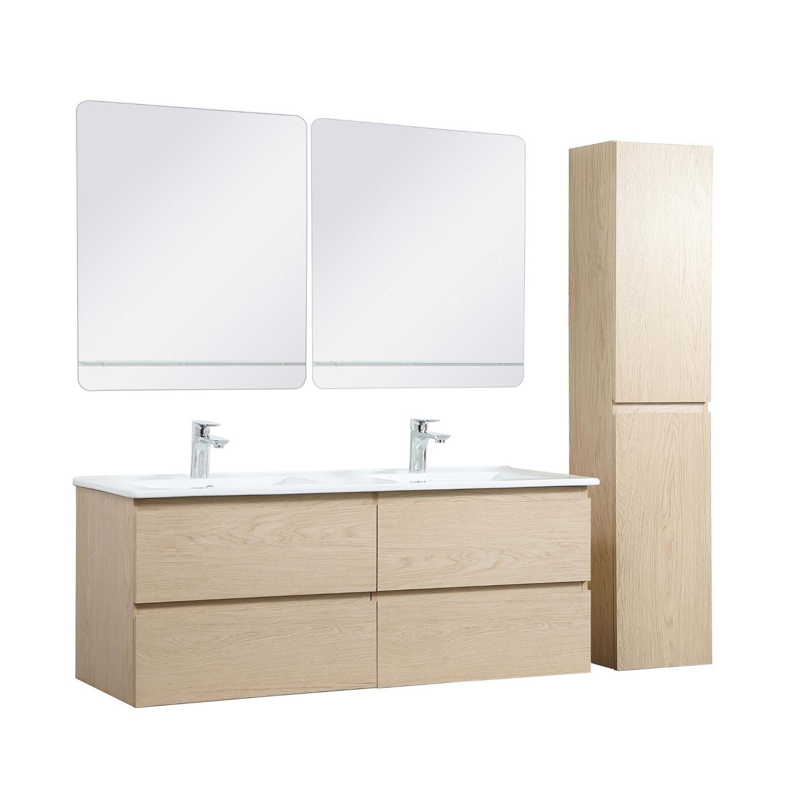 Ensemble meuble double vasque blanc  120cm + vasque + 2 miroirs + 2 robinets chromés + colonne