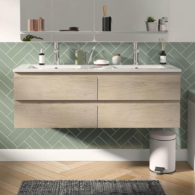 Ensemble double vasque 120cm avec plan céramique et robinets chromés