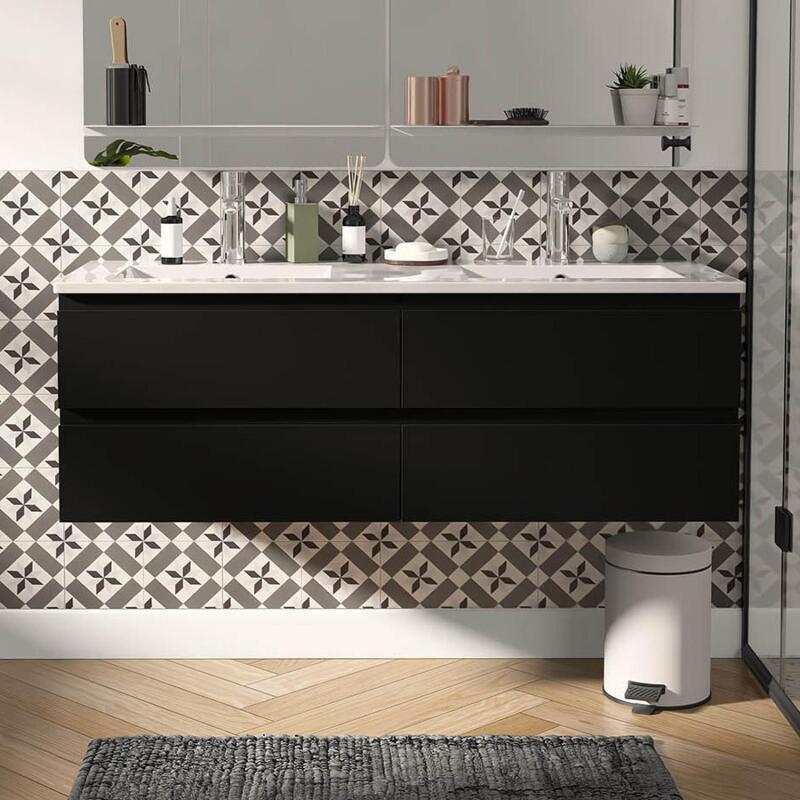 Ensemble double vasque 120cm avec plan céramique et robinets chromés