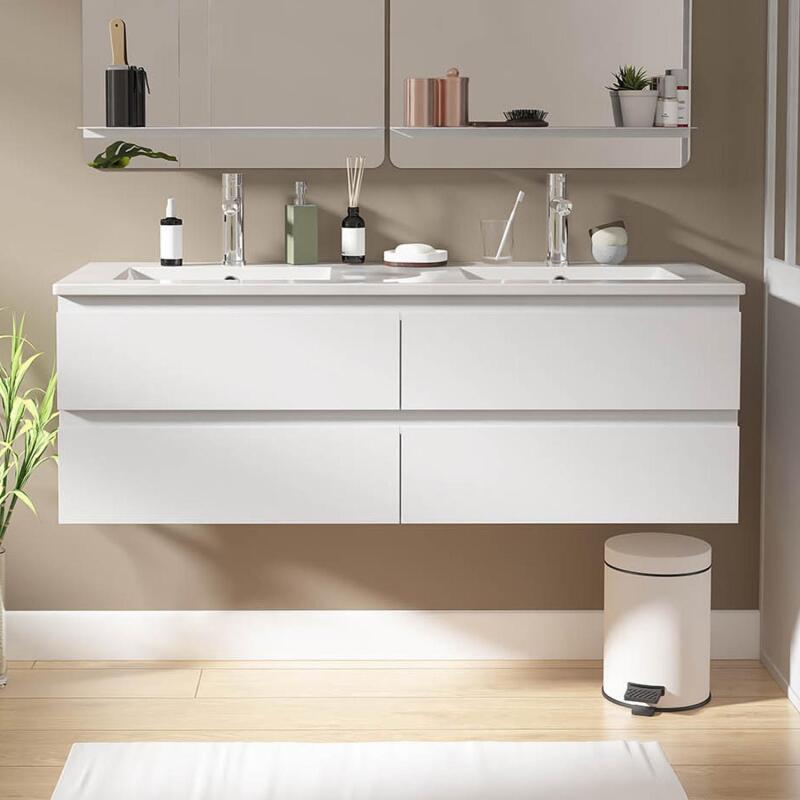 Ensemble double vasque 120cm avec plan céramique et robinets chromés