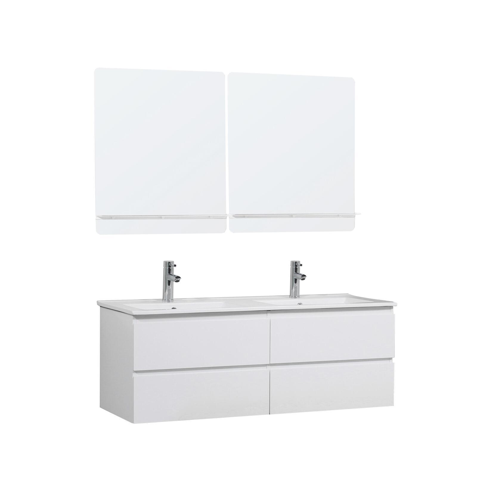 Ensemble double vasque 120cm avec plan céramique, robinets chromés et miroirs