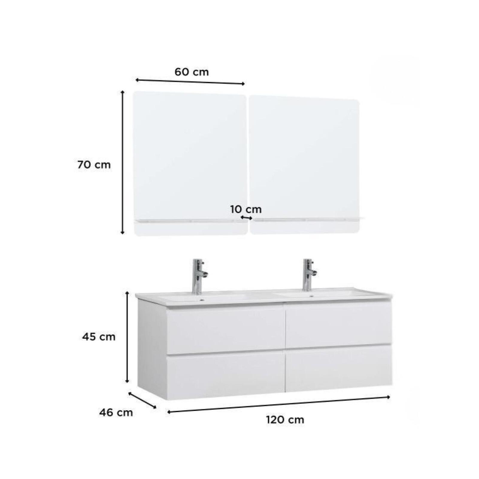 Ensemble double vasque 120cm avec plan céramique, robinets chromés et miroirs