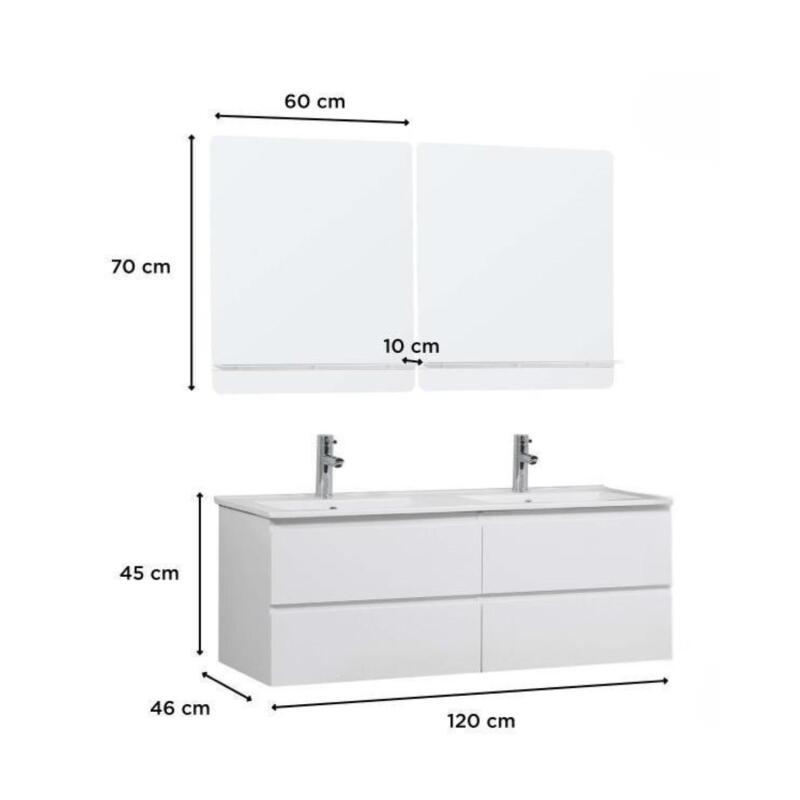 Ensemble double vasque 120cm avec plan céramique, robinets chromés et miroirs