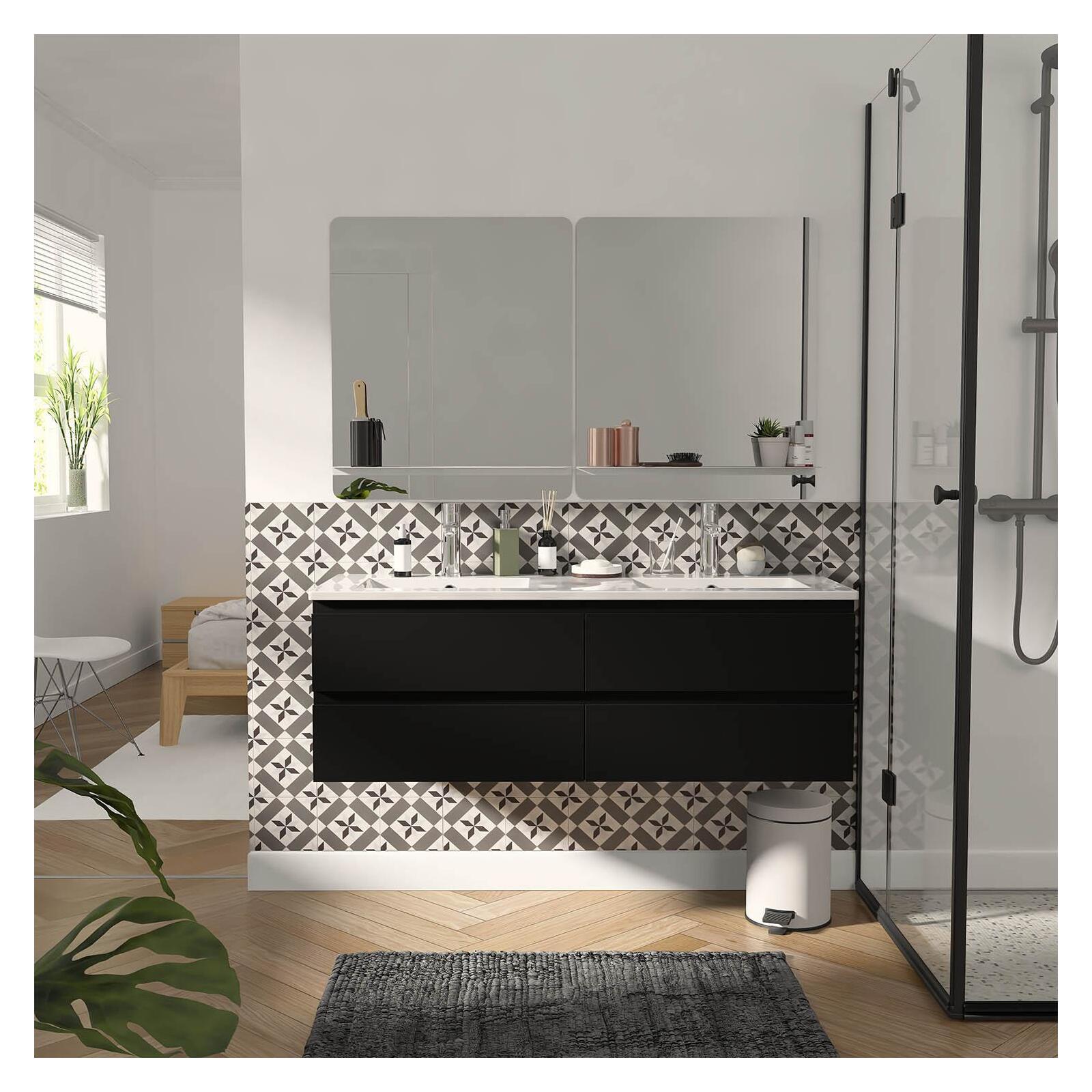 Ensemble double vasque 120cm avec plan céramique, robinets chromés et miroirs