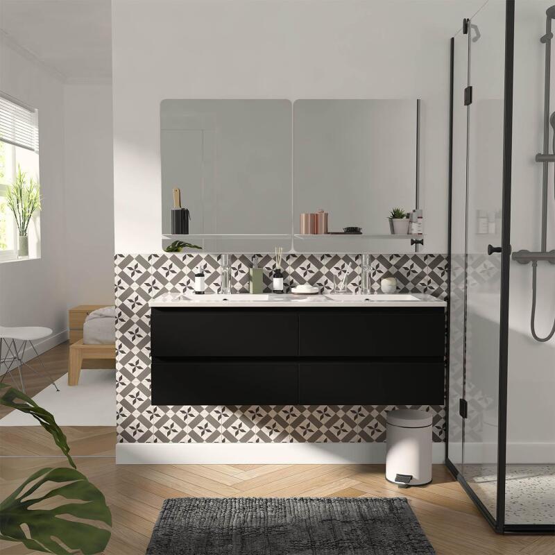 Ensemble double vasque 120cm avec plan céramique, robinets chromés et miroirs