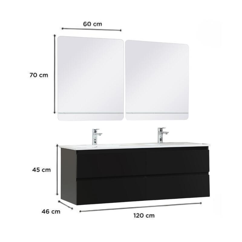 Ensemble double vasque 120cm avec plan céramique, robinets chromés et miroirs
