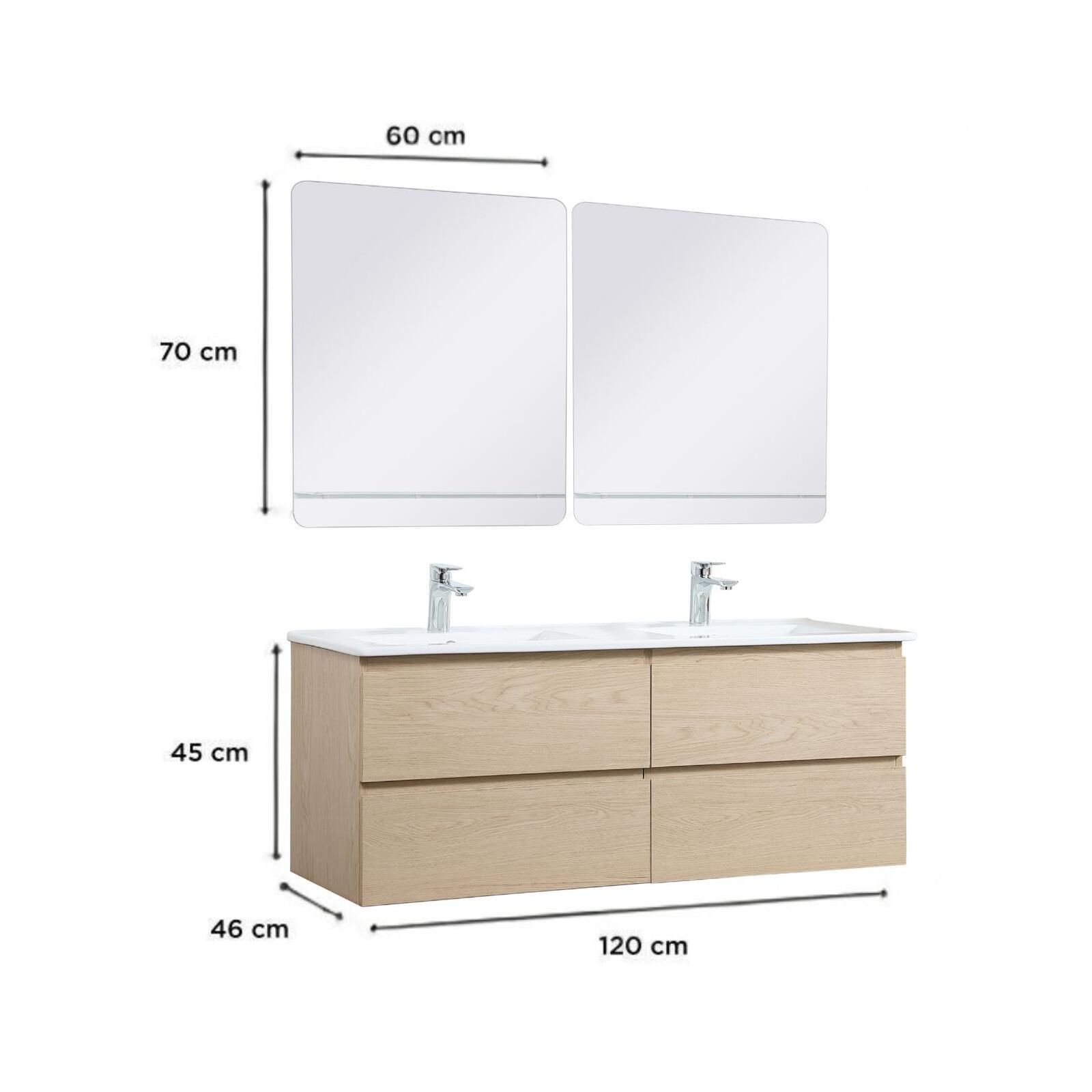 Ensemble double vasque 120cm avec plan céramique, robinets chromés et miroirs