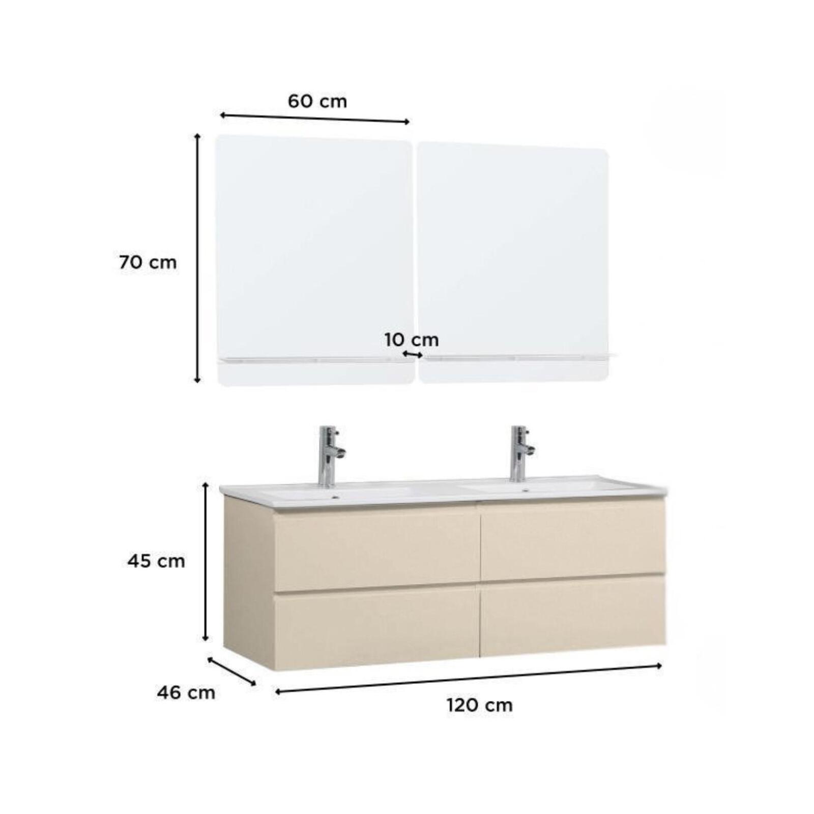 Ensemble double vasque 120cm avec plan céramique, robinets chromés et miroirs